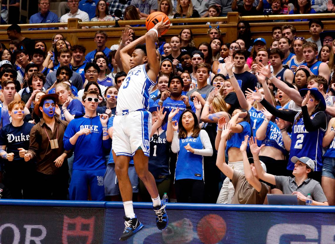 Duke’s Jeremy Roach (3) saves the ball from going out of bounds during the first half of Duke’s game against Boston College at Cameron Indoor Stadium in Durham, N.C., Saturday, Feb. 10, 2024.