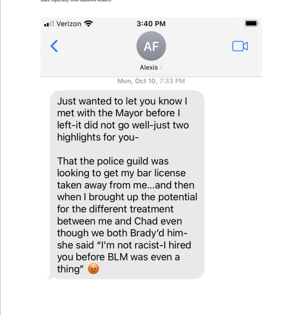 This screen shot of a text from former Poulsbo City Prosecutor Alexis Foster, obtained through a public records request, shows her telling another city employee about a contentious meeting with Mayor Becky Erickson.