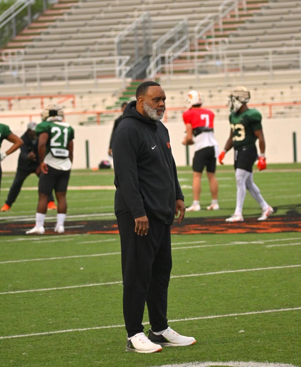 Florida A&M football special assistant to the head coach and cornerbacks coach Billy Rolle looks on during the third day of spring practice at Bragg Memorial Stadium in Tallahassee, Florida on Friday, March 10, 2023