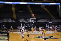 Vanderbilt and Valparaiso play with no fans in the arena during the first half of an NCAA college basketball game Friday, Nov. 27, 2020, in Nashville, Tenn. (AP Photo/Mark Humphrey)