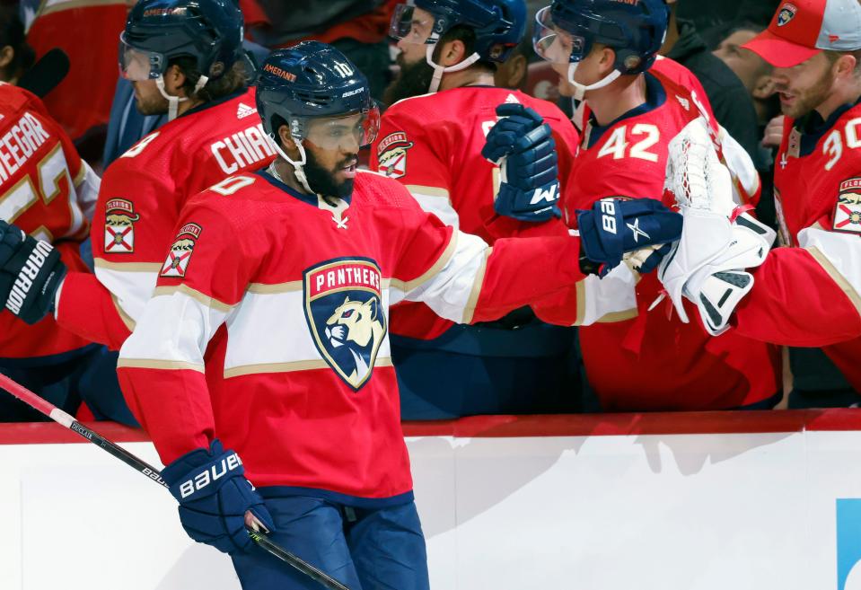 Florida Panthers left wing Anthony Duclair (10) celebrates his goal with the bench during the first period of Game 1 of an NHL hockey second-round playoff series against the Tampa Bay Lightning Tuesday, May 17, 2022, in Sunrise, Fla. (AP Photo/Reinhold Matay)