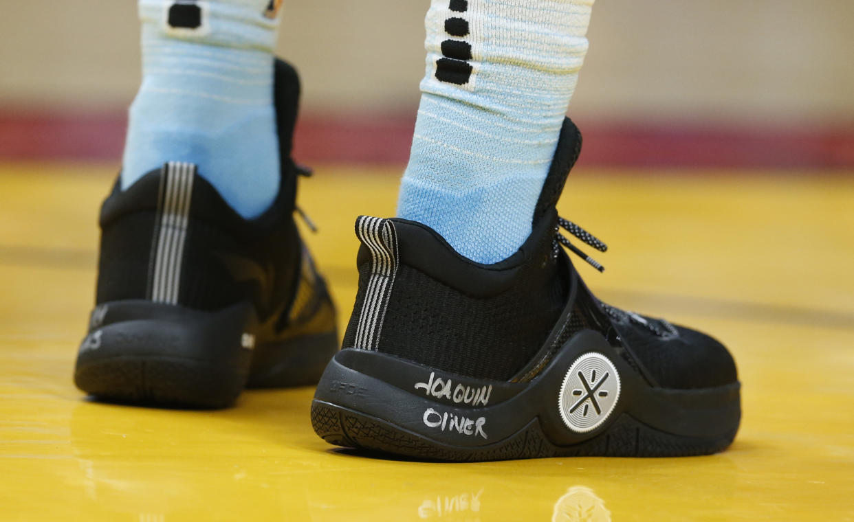 Dwyane Wade’s shoe bears the name of Parkland school shooting victim Joaquin Oliver, who was buried with a Wade jersey, during a March 3 game against the Detroit Pistons. (AP)