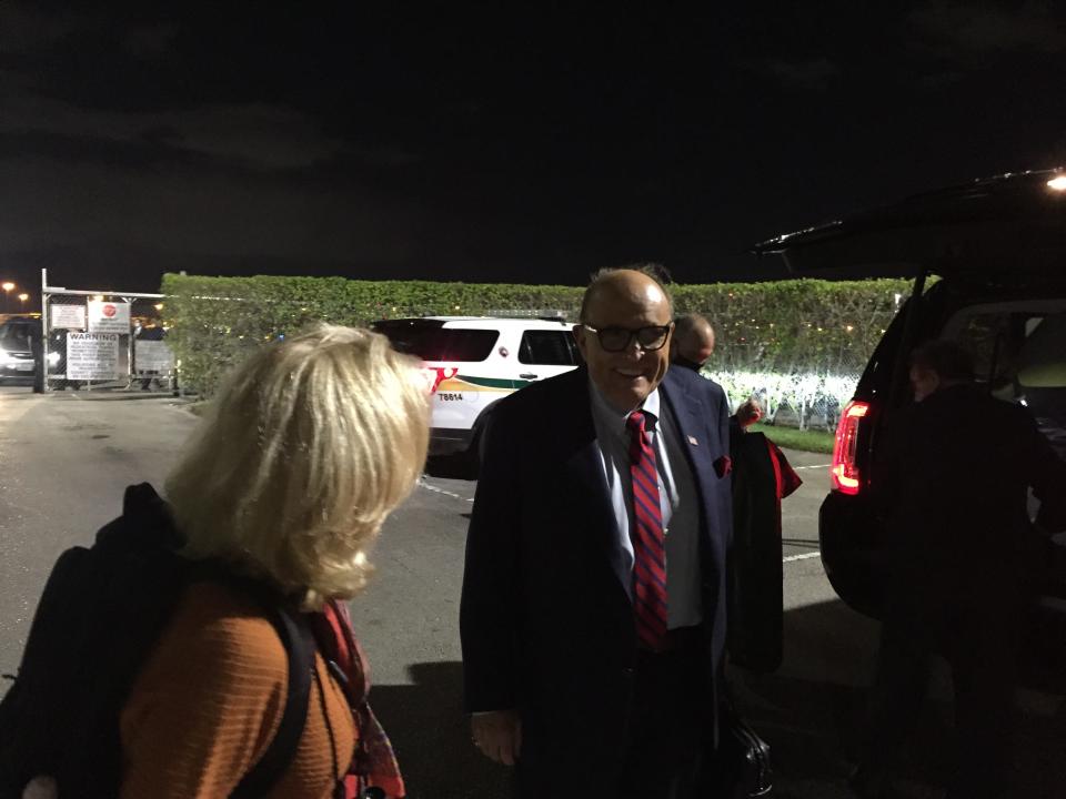 Rudy Giuliani departing Palm Beach International Airport on the night of Dec. 23, 2020. At the time one of President Trump's top legal advisers, Giuliani had arrived with Trump at PBIA aboard Air Force One, but did not depart from the airport with the presidential motorcade.