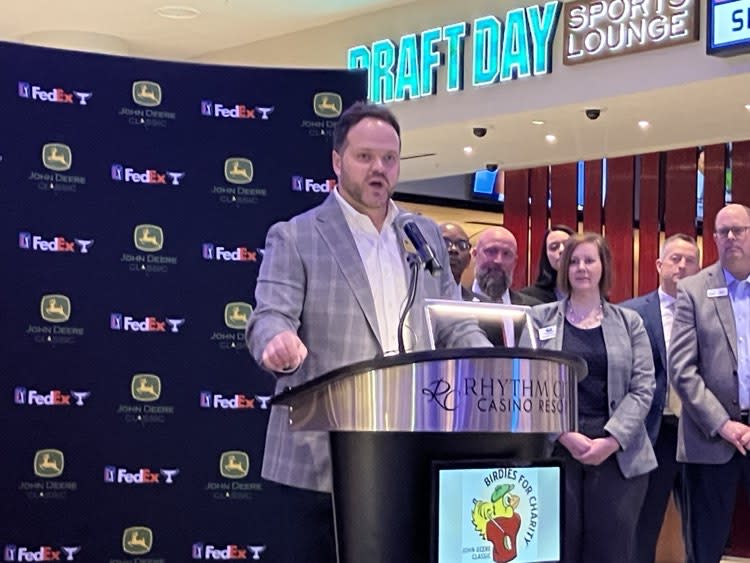 John Deere Classic tournament director Andrew Lehman speaks at Friday morning’s press conference at Rhythm City Casino, Davenport (photo by Jonathan Turner).