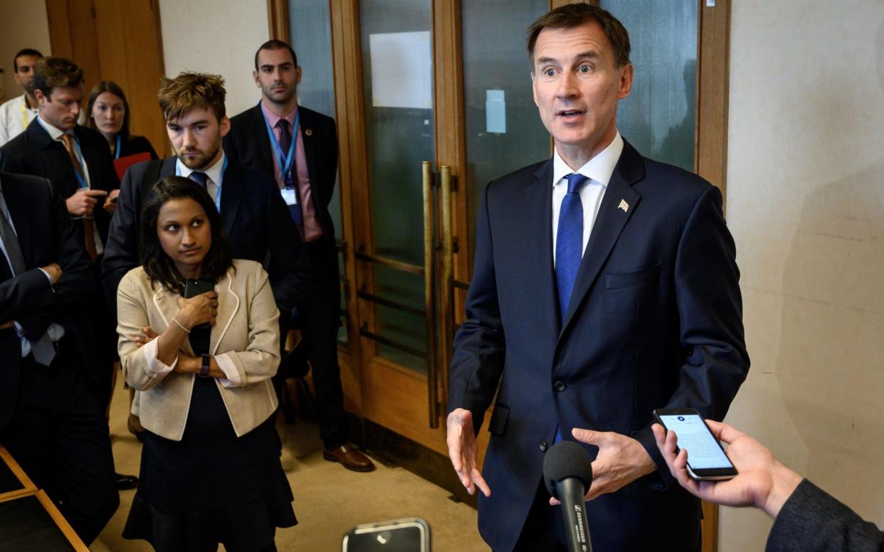 Foreign Secretary Jeremy Hunt delivers a statement on the sideline of the World Health Assembly at the United Nations Offices in Geneva.  - AFP