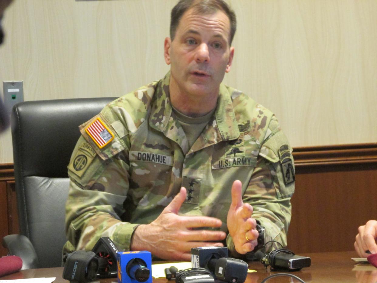 Lt. Gen. Christopher Donahue, senior commander for Fort Liberty and the 18th Airborne Corps, make remarks during a "state of Fort Liberty" roundtable discussion Thursday, Feb. 15, 2024.