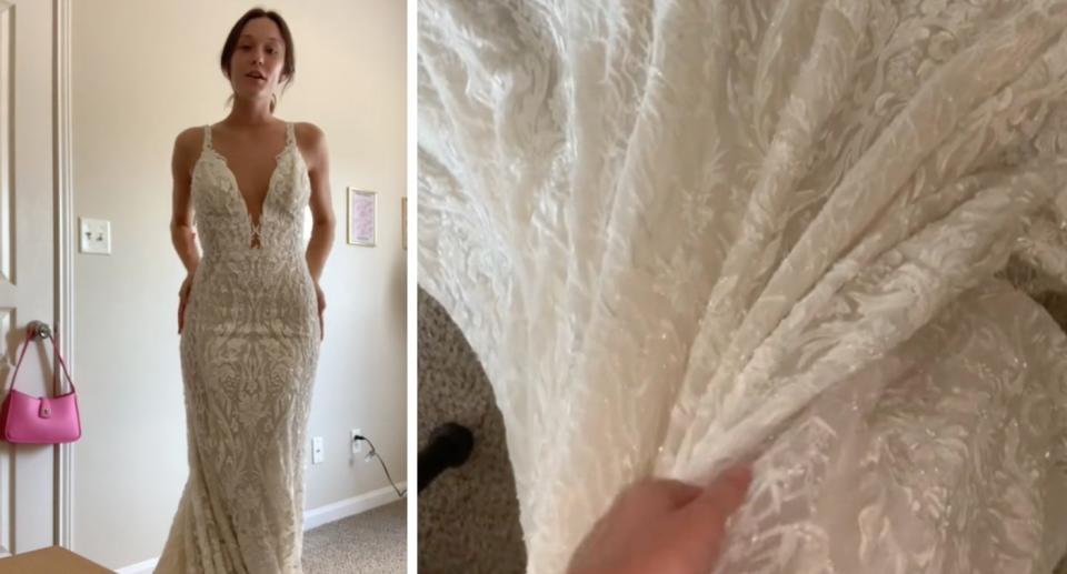 Woman trying on a Galia Lahav gown she found in a charity shop