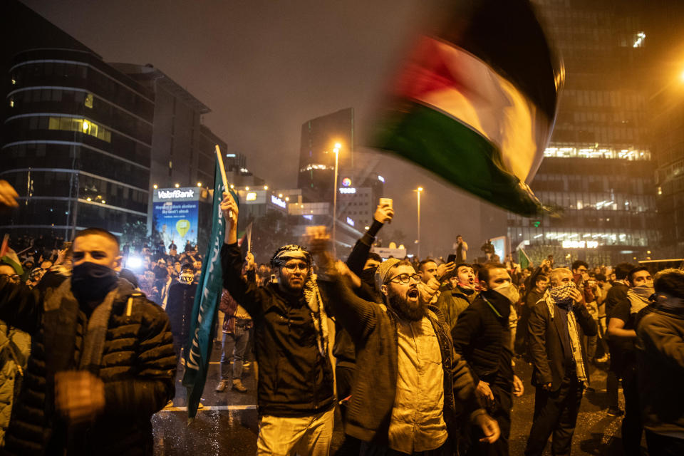 Protesters demonstrate in front of the Israeli consulate in Istanbul, Turkey, after an explosion at a hospital in Gaza killed hundreds on Oct. 17, 2023.  / Credit: BK / Getty Images