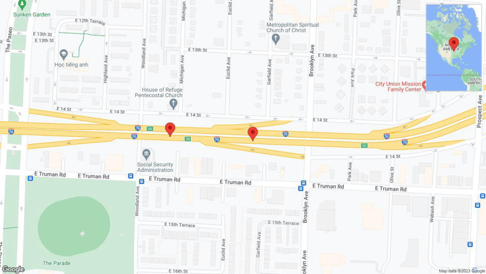 A detailed map that shows the affected road due to 'Broken down vehicle on eastbound I-70 in Kansas City' on October 16th at 6:02 p.m.