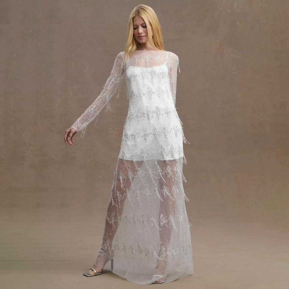 BHLDN Wilhemina Sheer Long-Sleeve Sweetheart Column Gown