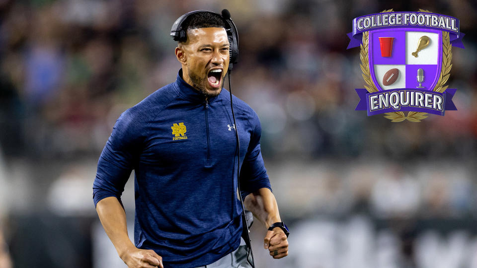 Notre Dame head coach Marcus Freeman yells onto the field
Matt Pendleton-USA TODAY Sports