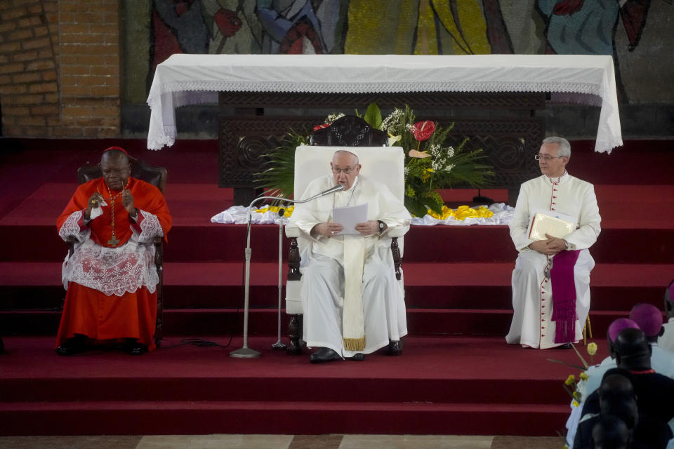 Pope Francis delivers his speech during a meeting with priests, deacons, consecrated people and seminarians at the "Notre Dame du Congo" cathedral in Kinshasa, Democratic Republic of Congo, Thursday, Feb. 2, 2023. Francis is in Congo and South Sudan for a six-day trip, hoping to bring comfort and encouragement to two countries that have been riven by poverty, conflicts and what he calls a "colonialist mentality" that has exploited Africa for centuries. (AP Photo/Gregorio Borgia)