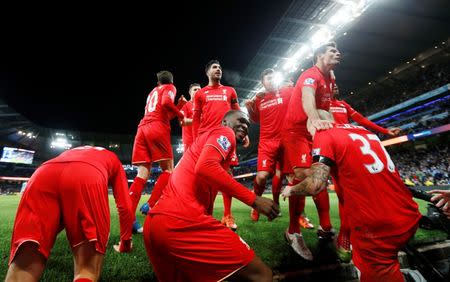 Football - Manchester City v Liverpool - Barclays Premier League - Etihad Stadium - 21/11/15 Martin Skrtel (R) celebrates with team mates after scoring the fourth goal for Liverpool Action Images via Reuters / Carl Recine