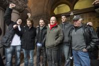 <p>Gregory Elliott (centre) celebrated with his sons and brother outside a Toronto courthouse in January after he was acquitted on harassment charges. Dubbed the “Twitter Trial,” the accusations against Elliott stemmed from his behaviour on the social media platform toward three complainants, all women. The case highlighted issues around free speech on the Internet and how some users are treated online. Photo from The Canadian Press</p>