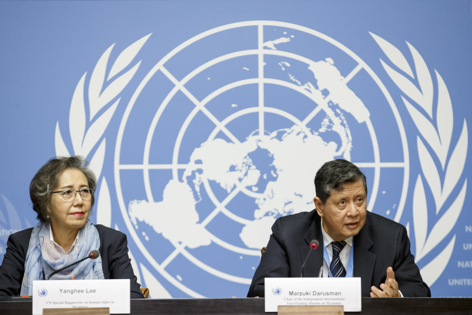 Yanghee Lee, Special Rapporteur on the situation of human rights in Myanmar and Marzuki Darusman, right, chairperson of the Independent International Fact-finding Mission on Myanmar speak to the media about the main findings of the UN Special Rapporteur on human rights in Myanmar and the Independent International Fact-Finding Mission on Myanmar during a press conference, at the European headquarters of the United Nations in Geneva, Switzerland, Tuesday, Sept. 17, 2019. (Salvatore Di Nolfi/Keystone via AP)