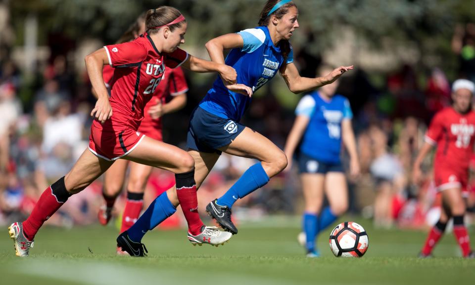 20160912 BYU’s Ashley Hatch advances the ball during a game against the University of Utah. | Jaren Wilkey, BYU Photo