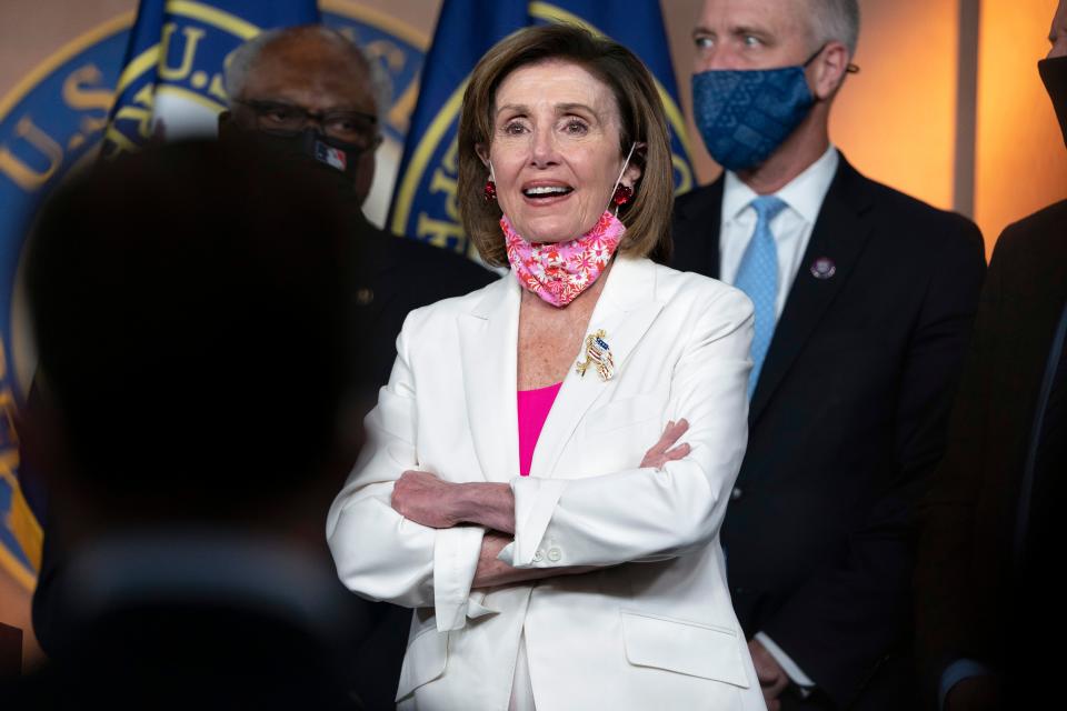 Speaker of the House Nancy Pelosi, D-Calif., joined by her leadership team, attends a news conference after the House approved the Democrats' social and environment bill at the Capitol in Washington, Friday, Nov. 19, 2021. (AP Photo/Jacquelyn Martin) ORG XMIT: DCJM108