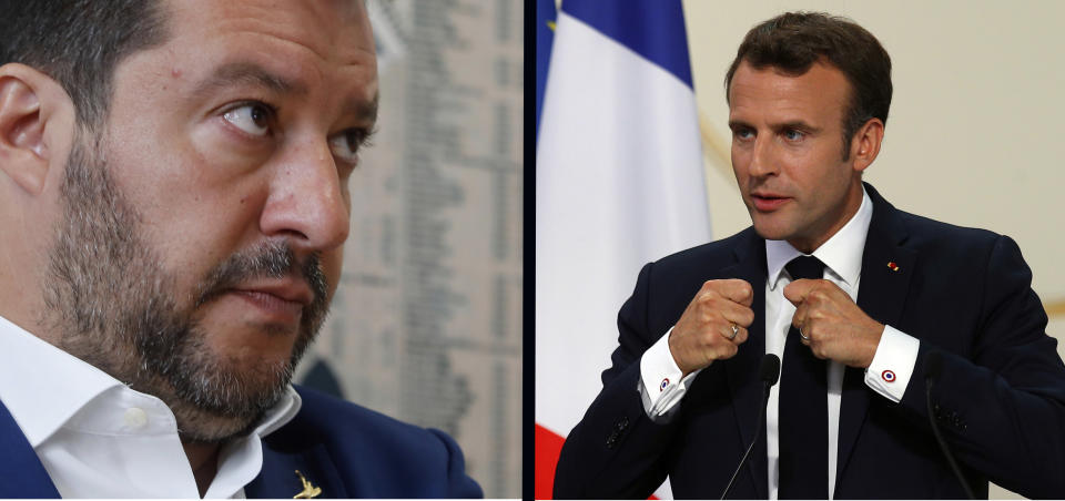 This combination photo shows Italian Interior Minister Matteo Salvini at a press conference at Stampa Estera (Foreign Press) in Milan, Italy, Friday, May 17, 2019, left, and French president Emmanuel Macron delivering a speech at the Elysee Palace, in Paris, Friday, May 24, 2019. France's pro-EU president and the leader of Italy's euroskeptic, far-right movement are jockeying for the role of chief powerbroker on the continent after elections to the European Parliament hollowed out the traditional political middle. (AP Photo)