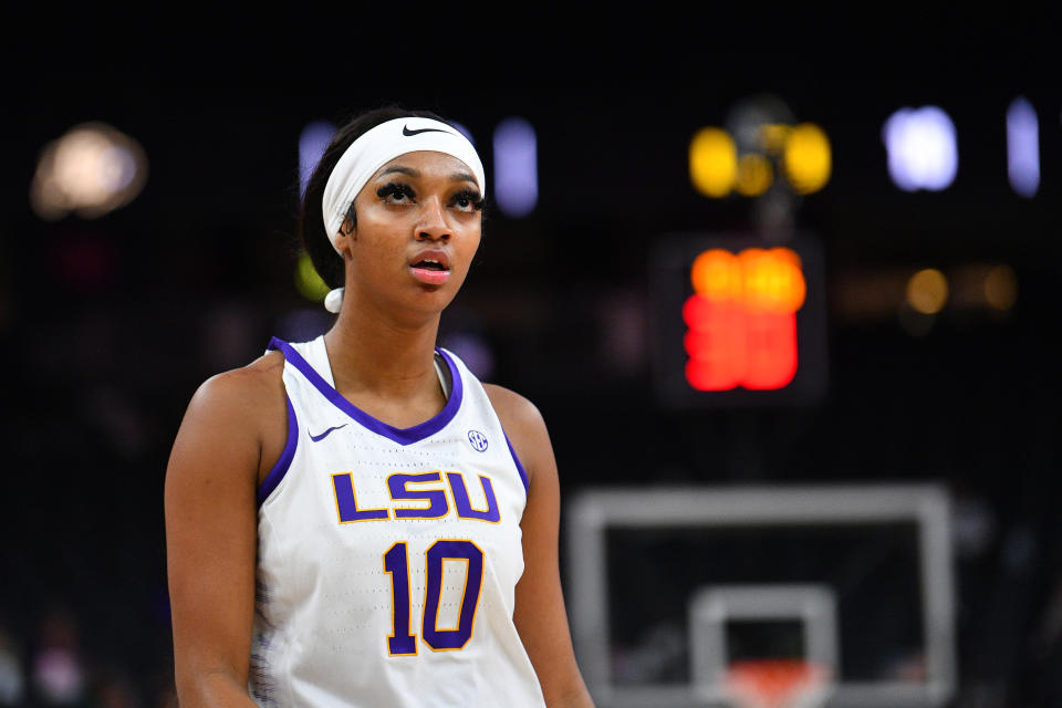 LSU forward Angel Reese returns after a four-game absence to face No. 9 Virginia Tech in a Final Four rematch. (Photo by Brian Rothmuller/Icon Sportswire via Getty Images)