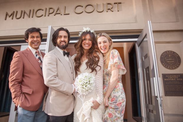 Miguel (Jon Huertas), Jack (Milo Ventimiglia), Rebecca (Mandy Moore) and Shelly (Wynn Everett). <p>Photo: Ron Batzdorff/Courtesy of NBC</p>