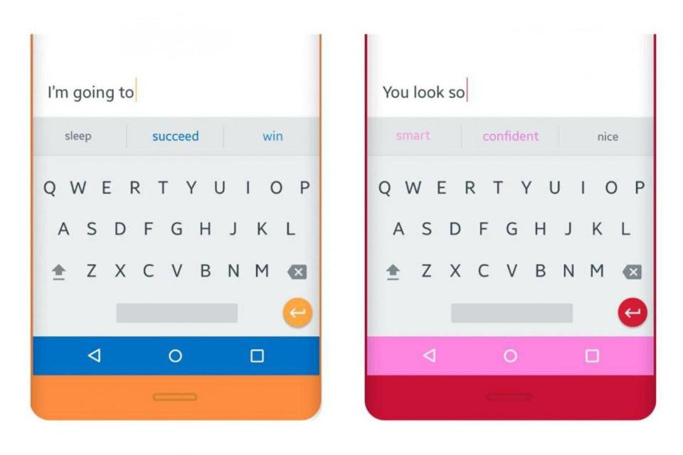 The keyboard app suggest empowering words, such as changing the word