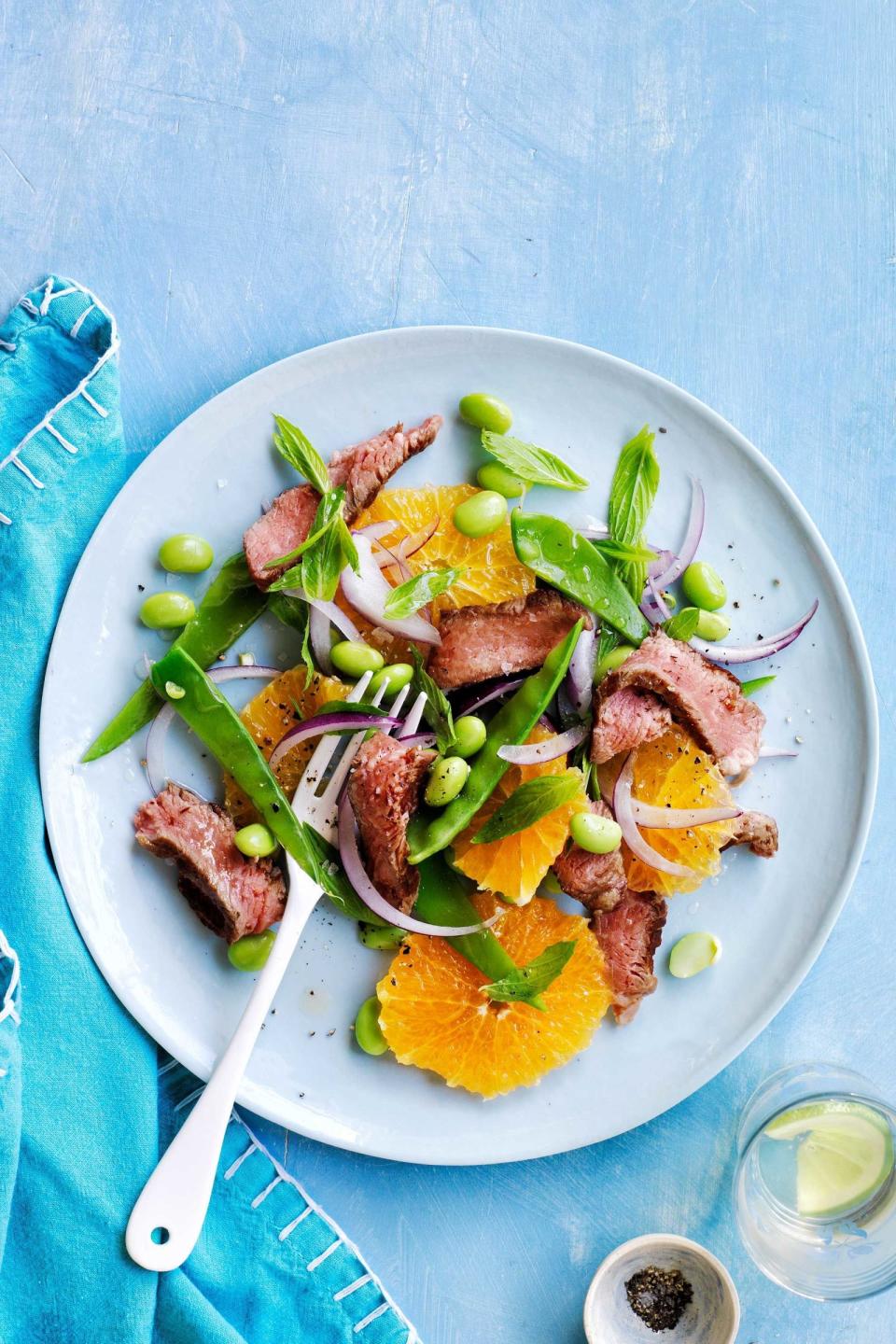 Steak and Snow Pea Salad with Oranges and Edamame