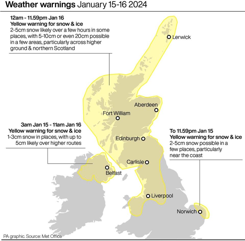 The weather warnings that had been put in place over Monday and Tuesday (PA)