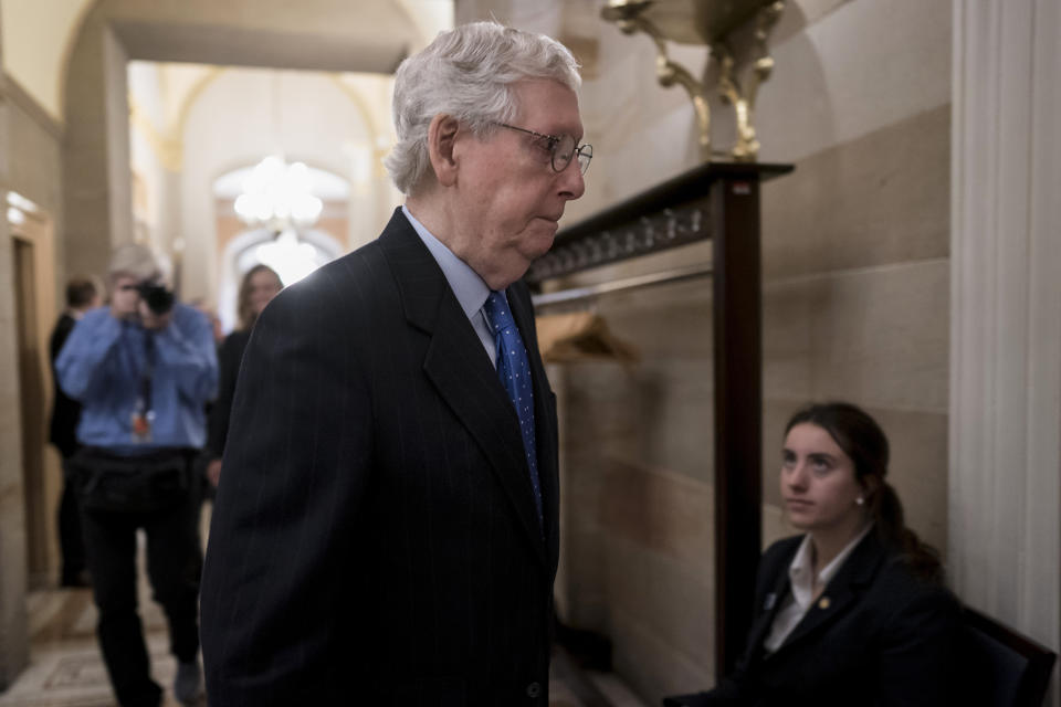 Senate Minority Leader Mitch McConnell, R-Ky., arrives as Senate Republicans gather in the historic Old Senate Chamber for debate as they choose their leadership, at the Capitol in Washington, Wednesday, Nov. 16, 2022. Sen. Rick Scott, R-Fla., an ally of former President Donald Trump, is challenging longtime GOP leader Sen. Mitch McConnell, R-Ky. (AP Photo/J. Scott Applewhite)