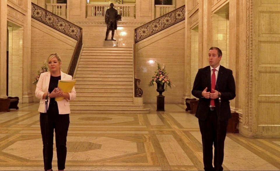 Michelle O’Neill and Paul Givan during a press conference at Parliament Buildings (David Young/PA) (PA Wire)