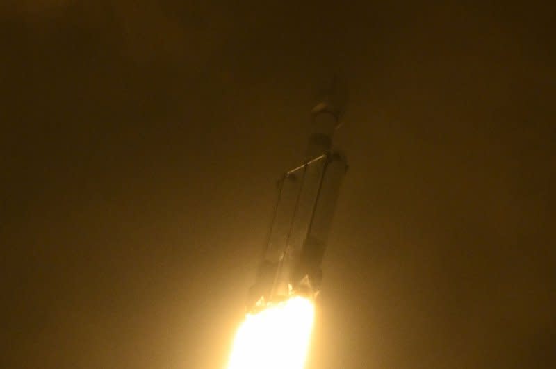 A SpaceX Falcon Heavy rocket launches the Jupiter 3/Echostar 24 communications satellite for the Hughes Network System at 11:04 PM from Launch Complex 39A at the Kennedy Space Center, Florida on Friday. Photo by Joe Marino/UPI