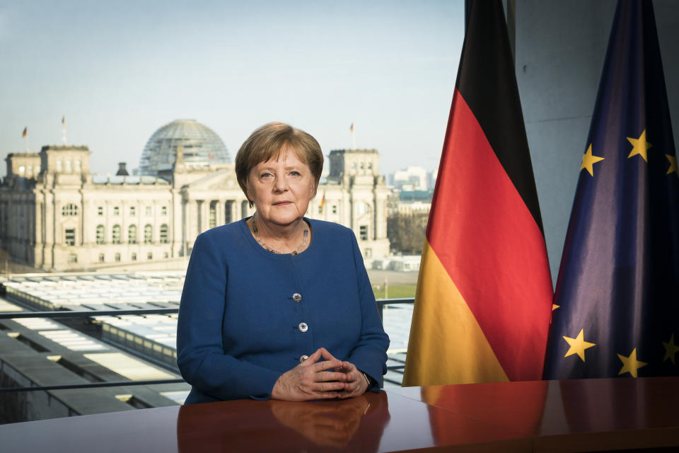 BERLIN, GERMANY - MARCH 18: In this handout photo provided by the German Government Press Office (BPA), German Chancellor Angela Merkel addresses the nation via a video statement about the ongoing COVID-19 pandemic on March 18, 2020 in Berlin, Germany. This is the first time in her 15-year tenure as chancellor that Merkel has addressed citizens directly via a televised statement other than her New Year's Eve message. (Photo by Steffen Kugler/Bundesregierung via Getty Images)