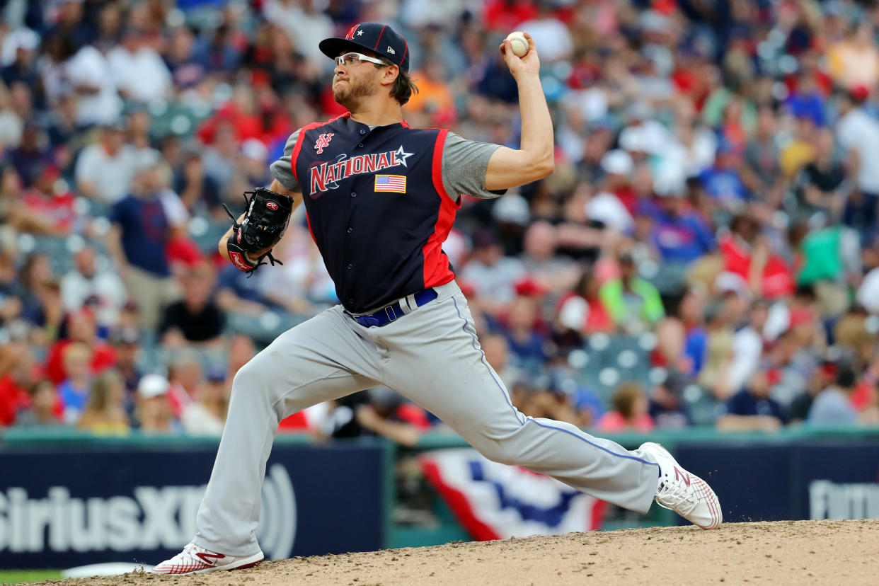 CLEVELAND, OH - JULY 07:  Anthony Kay #27 of the National League Futures Team pitches during the SiriusXM All-Star Futures Game at Progressive Field on Sunday, July 7, 2019 in Cleveland, Ohio. (Photo by Alex Trautwig/MLB Photos via Getty Images)