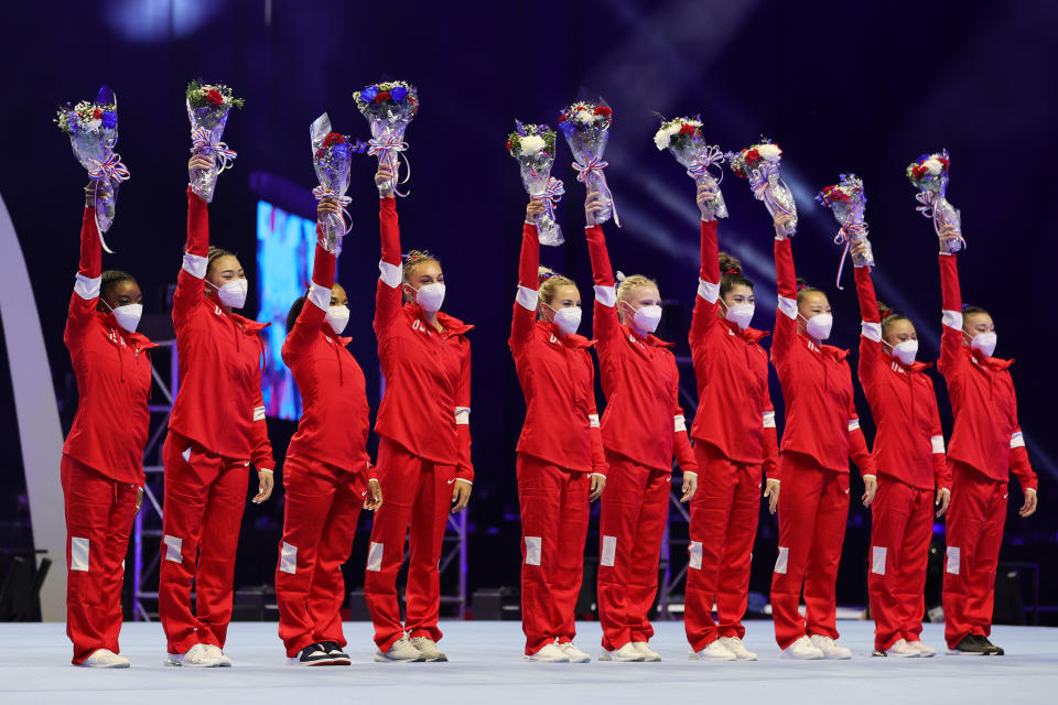 Simone Biles, Suni Lee, Jordan Chiles, Grace McCallum, MyKayla Skinner, Jade Carey, Kayla DiCello (replacement), Kara Eaker (replacement), Leanne Wong (replacement), and Emma Malabuyo (replacement) pose after being selected to the 2021 U.S. Olympic Gymnastics team following the Women's competition of the 2021 U.S. Gymnastics Olympic Trials at America’s Center on June 27, 2021 in St Louis, Missouri. (Photo by Carmen Mandato/Getty Images)