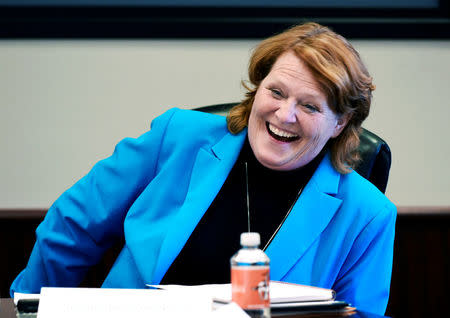 Senator Heidi Heitkamp (D-ND) meets with a group of women business owners at Jamestown College, Jamestown, North Dakota, U.S. April 6, 2018. Picture taken April 6, 2018. REUTERS/Dan Koeck