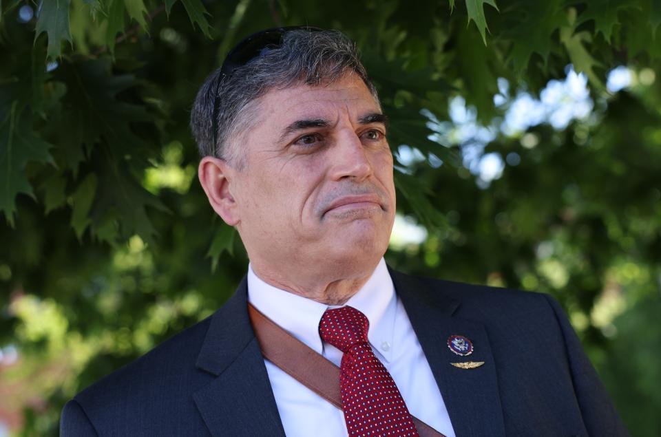 File: Representative Andrew Clyde speaks to the media at a ‘Back The Blue Bike Tour’ event as they stop at the National Law Enforcement Officers Memorial on 13 May 2021 in Washington, DC (Getty Images)