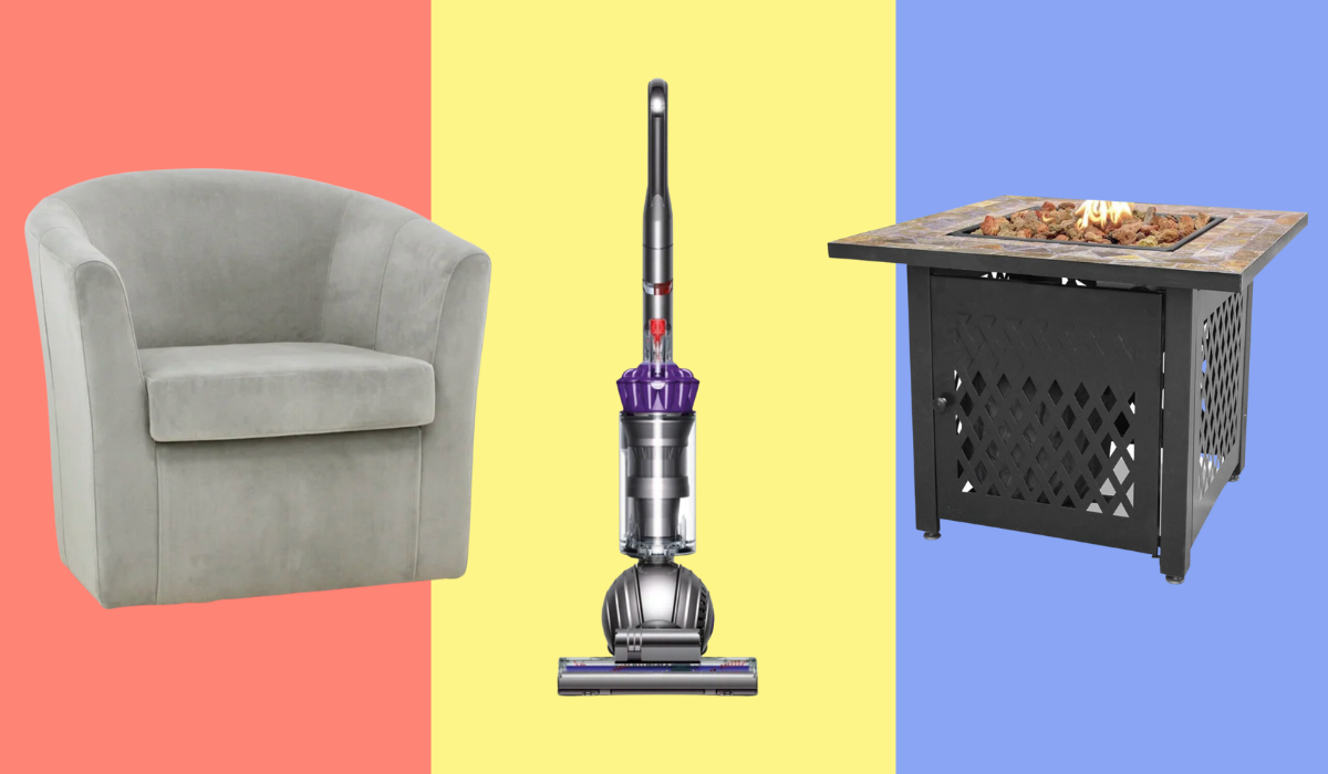 Grey chair, Dyson vacuum and an outdoor fire pit.