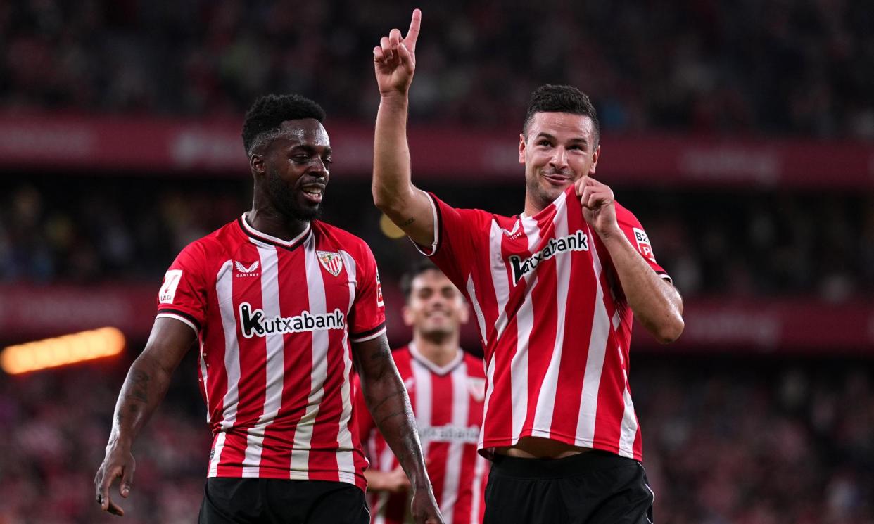 <span>Gorka Guruzeta (right) celebrates his second goal against Alavés – his 13th of the league season.</span><span>Photograph: Juan Manuel Serrano Arce/Getty Images</span>