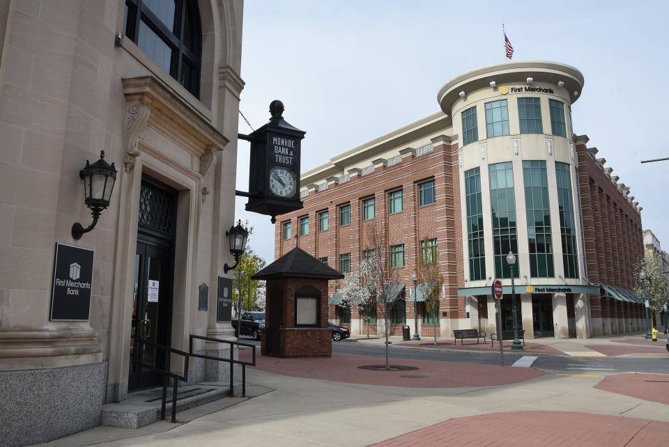 First Merchants Bank's downtown banking center will relocate across the street to 10 Washington St., remaining in downtown Monroe. The clock will remain at its current location.