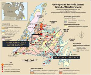 Location of the Handcamp Gold & Silver Property and also the Company’s Brady Gold Property. Map is adapted from a Newfoundland government pamphlet entitled: GOLD and dated February 2021.