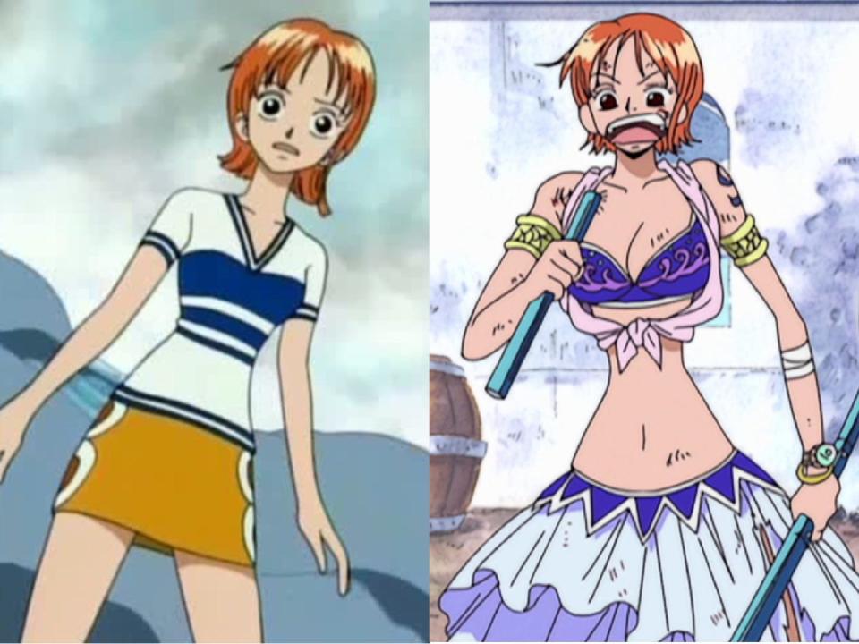 Nami in first season of the "One Piece" anime compared to season four.