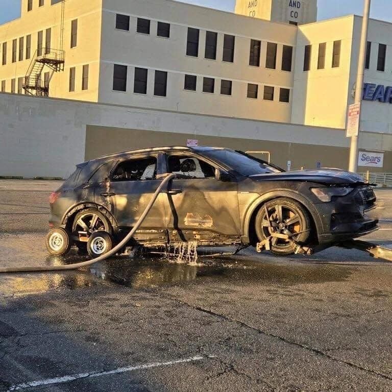 An electric vehicle after a fire was extinguished in Hackensack in March.