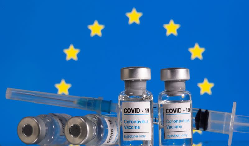 FILE PHOTO: Vials labelled "COVID-19 Coronavirus Vaccine" and syringes are seen in front of a displayed EU flag in this illustration