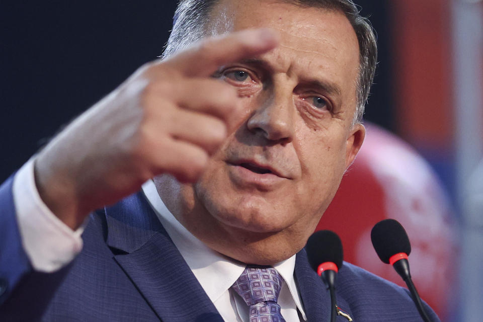 Serb member of the Bosnian Presidency Milorad Dodik speaks during campaign rally of Alliance of Independent Social Democrats (SNSD) in Istocno Sarajevo, Bosnia, Tuesday, Sept. 27, 2022. Bosnia and Herzegovina will hold a general election on Oct. 2. (AP Photo/Armin Durgut)
