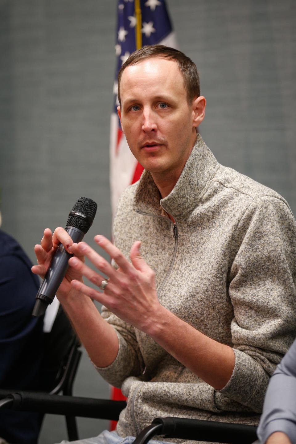 Springfield school board candidate Landon McCarter answers questions Thursday at a forum hosted by the Springfield Area Chamber of Commerce.