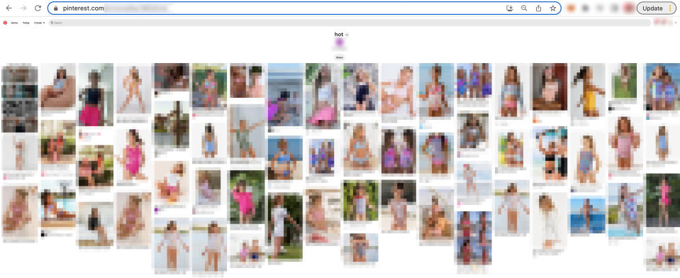 A Pinterest board featuring (blurred) images of young girls in bathing suits and leotards collected by a male user. The board is named 