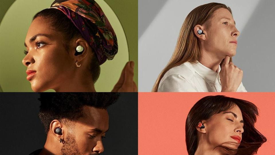 people wearing coral, fog, charcoal and lemongrass google pixel buds pro