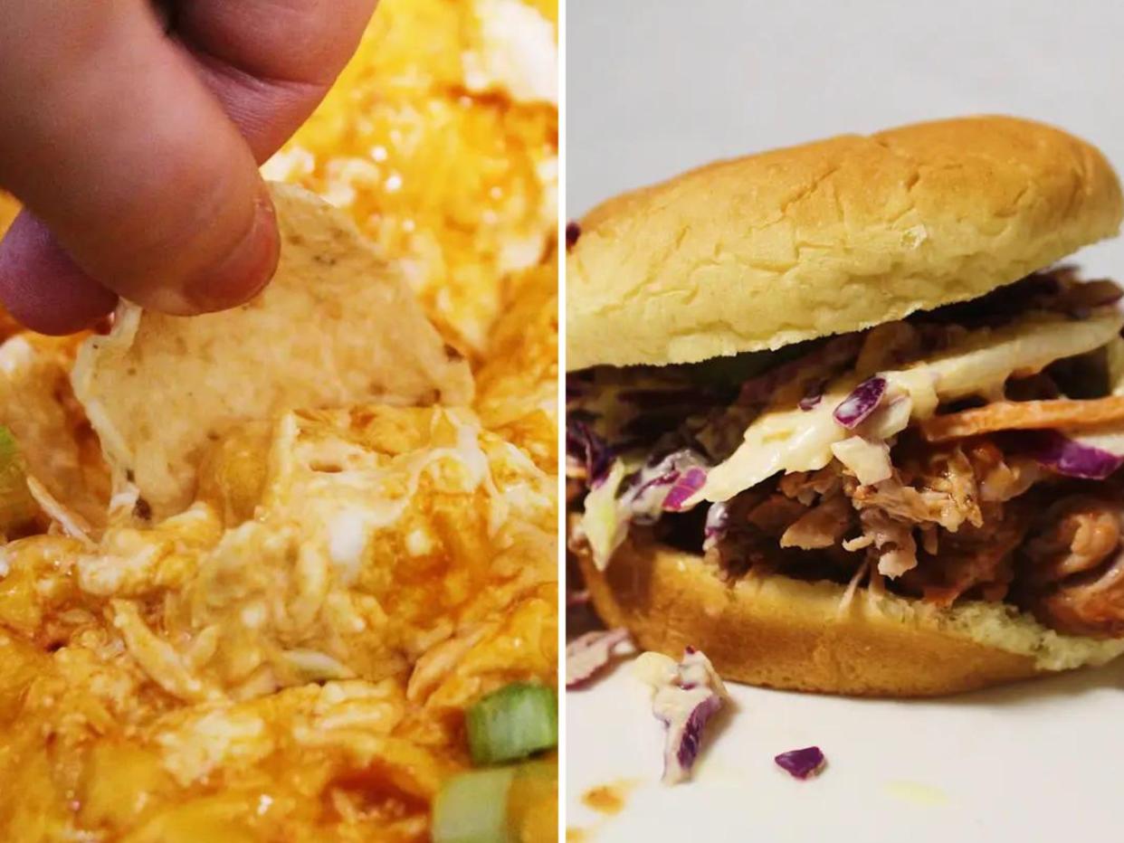 buffalo chicken dip and pulled pork sandwich