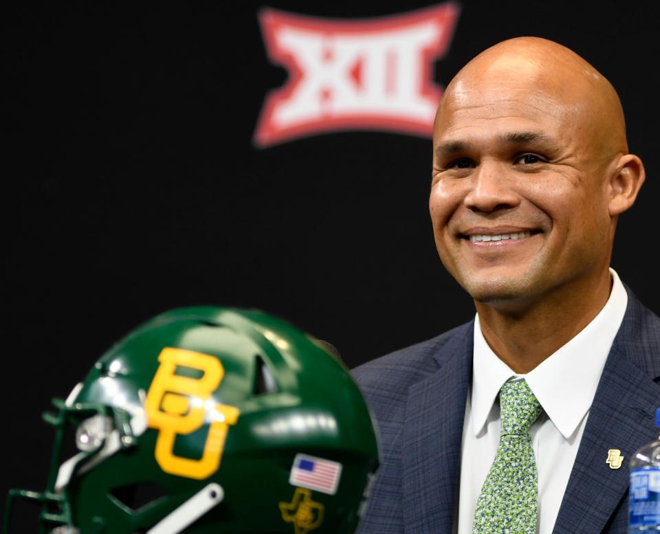 Baylor head football coach Dave Aranda speaks during first day of the Big 12 football media days, Wednesday, July 13, 2022, at AT&T Stadium in Arlington. 