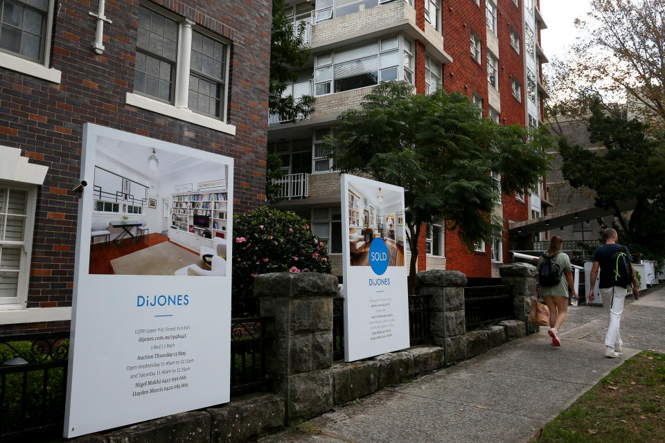 SYDNEY, AUSTRALIA - MAY 08: A 'sold' real estate sign is seen outside a high-rise apartment block in the suburb Kirribilli on May 08, 2021 in Sydney, Australia. Property prices continue to rise across Australia with house prices up almost 27 percent compared to five years ago. Record low interest rates have also seen a surge in home loan applications in the last year. (Photo by Lisa Maree Williams/Getty Images)