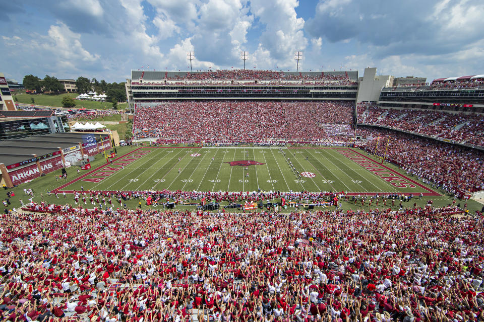 FAYETTEVILLE, AR - SEPTEMBER 5:  General view of Donald W. Reynolds Stadium before a game between the Arkansas Razorbacks and the UTEP Miners at Razorback Stadium on September 5, 2015 in Fayetteville, Arkansas.  The Razorbacks defeated the Miners 48-13.  (Photo by Wesley Hitt/Getty Images)